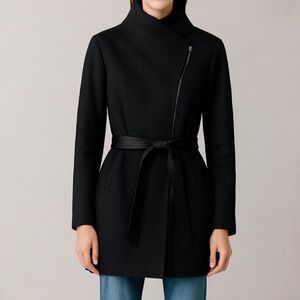 [xl] Soia & Kyo Jacket Black Patterned Wool Belted Coat Asymmetrical Zip Wrap